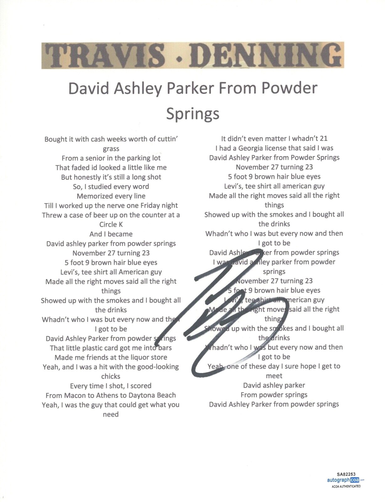 TRAVIS DENNING SIGNED DAVID ASHLEY PARKER SONG LYRIC SHEET ACOA COA COLLECTIBLE MEMORABILIA