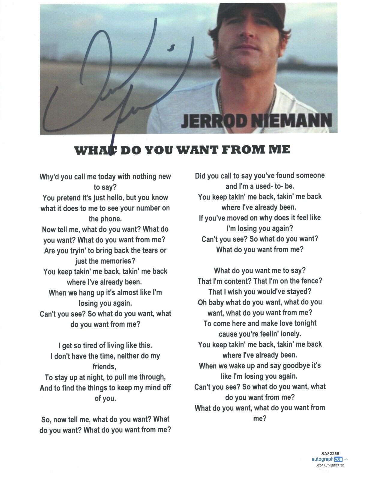 Jerrod Niemann Signed Autographed What Do You Want From Me Lyric Sheet ACOA COA