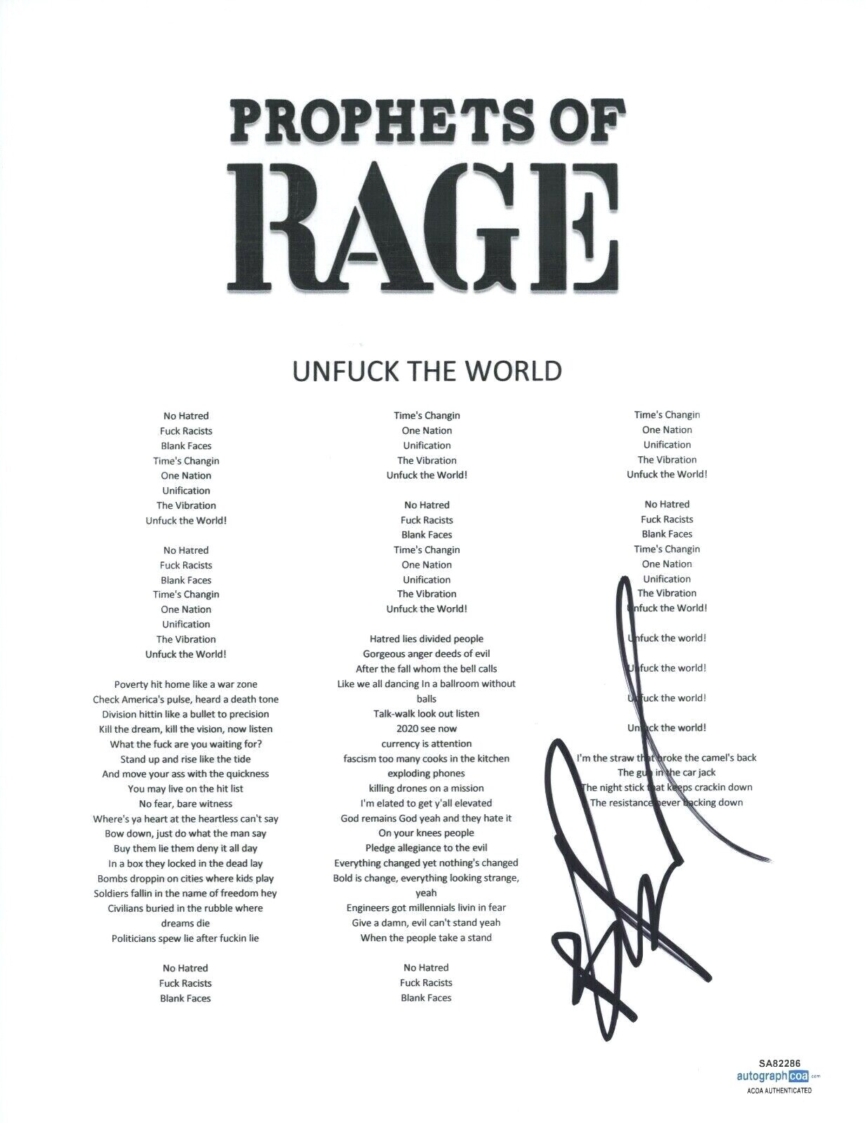 B-REAL SIGNED AUTOGRAPHED PROPHETS OF RAGE UNF THE WORLD LYRIC SHEET ACOA COA COLLECTIBLE MEMORABILIA