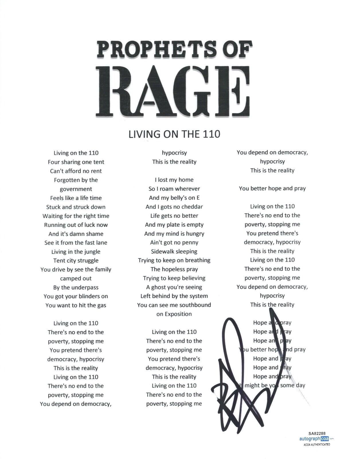 B-REAL SIGNED AUTOGRAPH PROPHETS OF RAGE LIVING ON THE 110 LYRIC SHEET ACOA COA COLLECTIBLE MEMORABILIA