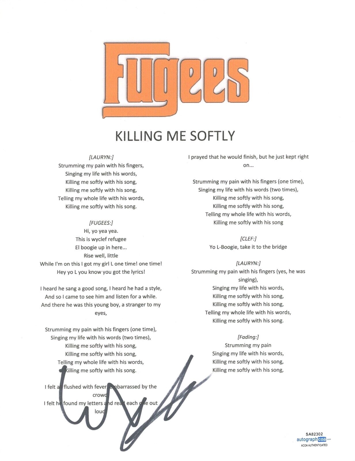 WYCLEF JEAN SIGNED AUTOGRAPHED FUGEES KILLING ME SOFTLY LYRIC SHEET ACOA COA COLLECTIBLE MEMORABILIA
