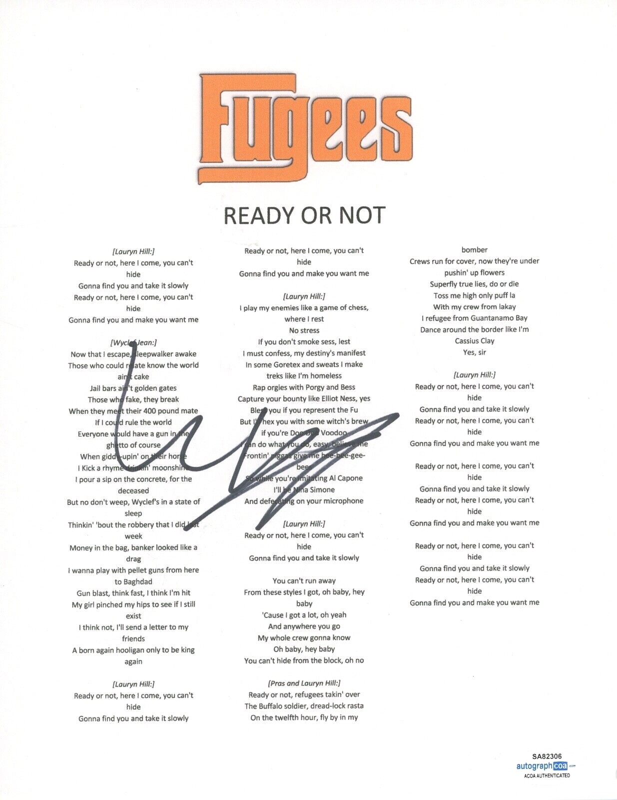 WYCLEF JEAN SIGNED AUTOGRAPHED FUGEES READY OR NOT SONG LYRIC SHEET ACOA COA COLLECTIBLE MEMORABILIA
