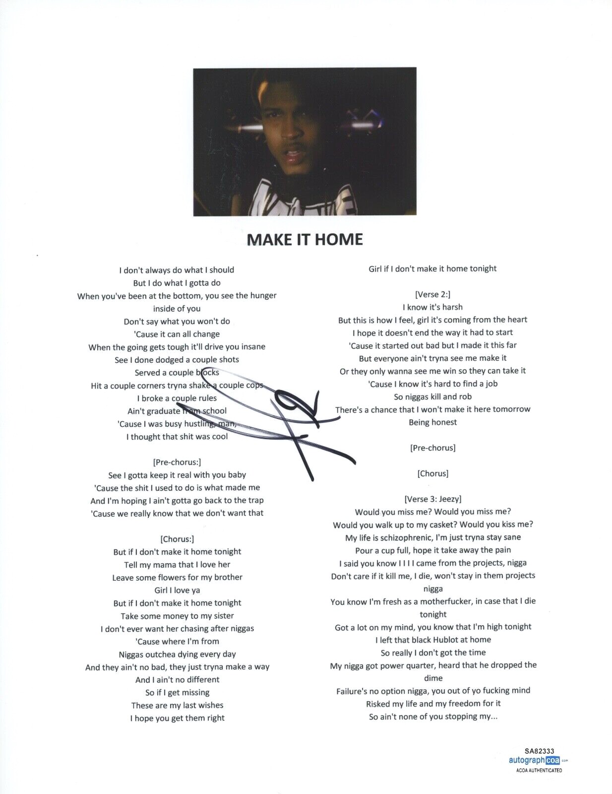 AUGUST ALSINA SIGNED AUTOGRAPHED MAKE IT HOME SONG LYRIC SHEET RAPPER ACOA COA COLLECTIBLE MEMORABILIA