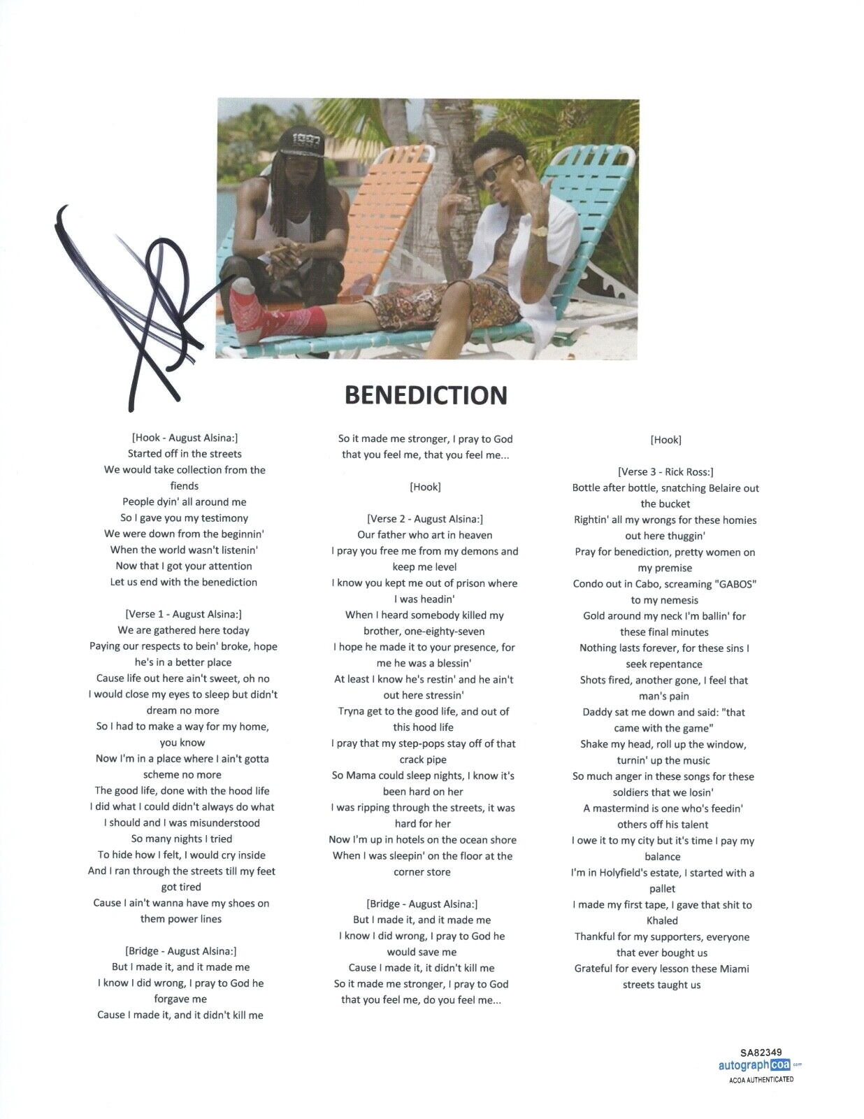 August Alsina Signed Autographed Benediction Song Lyric Sheet Rapper ACOA COA