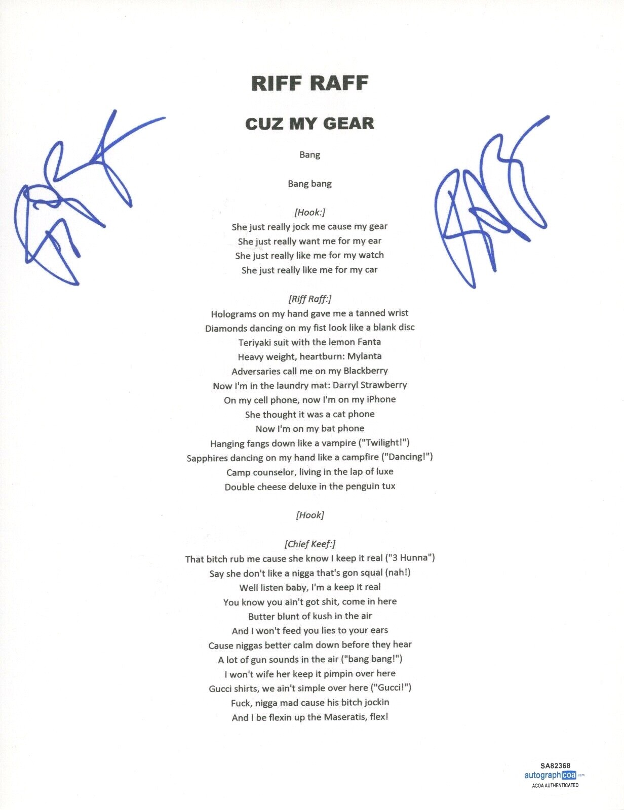 RIFF RAFF SIGNED AUTOGRAPH CUZ MY GEAR SONG LYRIC SHEET RAPPER HIP HOP ACOA COA COLLECTIBLE MEMORABILIA