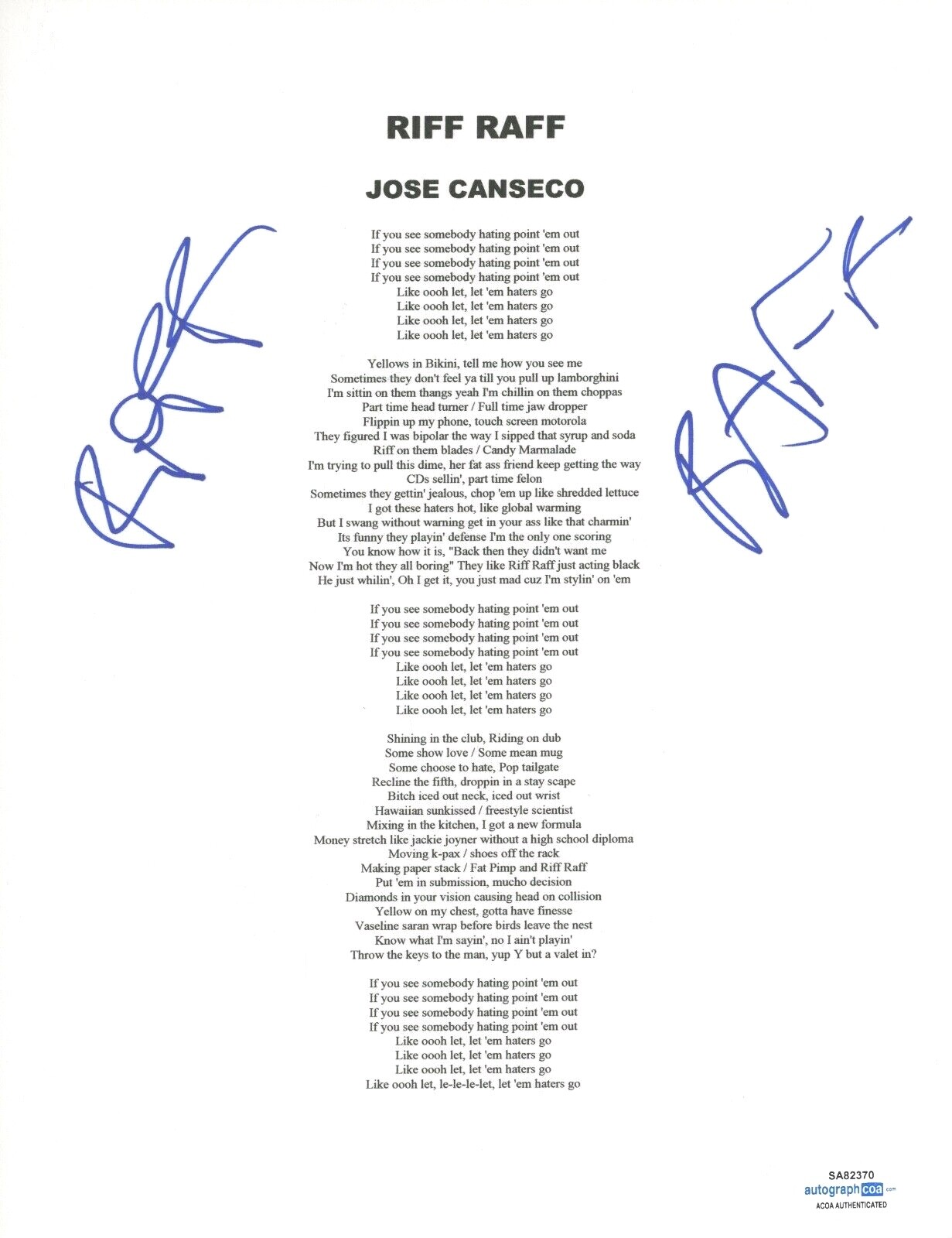 Riff Raff Signed Autograph Jose Canseco Song Lyric Sheet Rapper Hip Hop ACOA COA