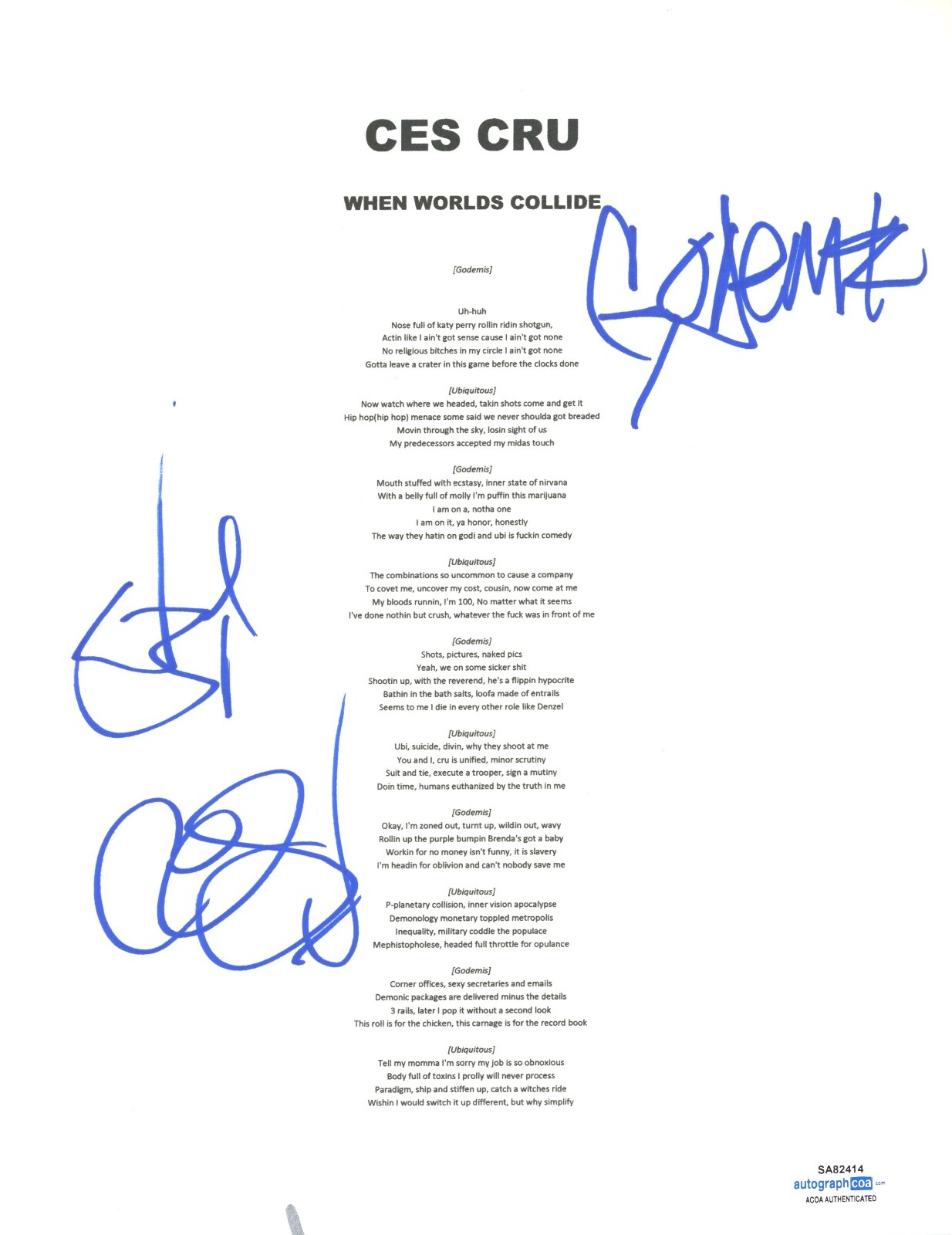 CES CRU SIGNED AUTOGRAPH WHEN WORLDS COLLIDE LYRIC SHEET HIP HOP RAPPER ACOA COA COLLECTIBLE MEMORABILIA