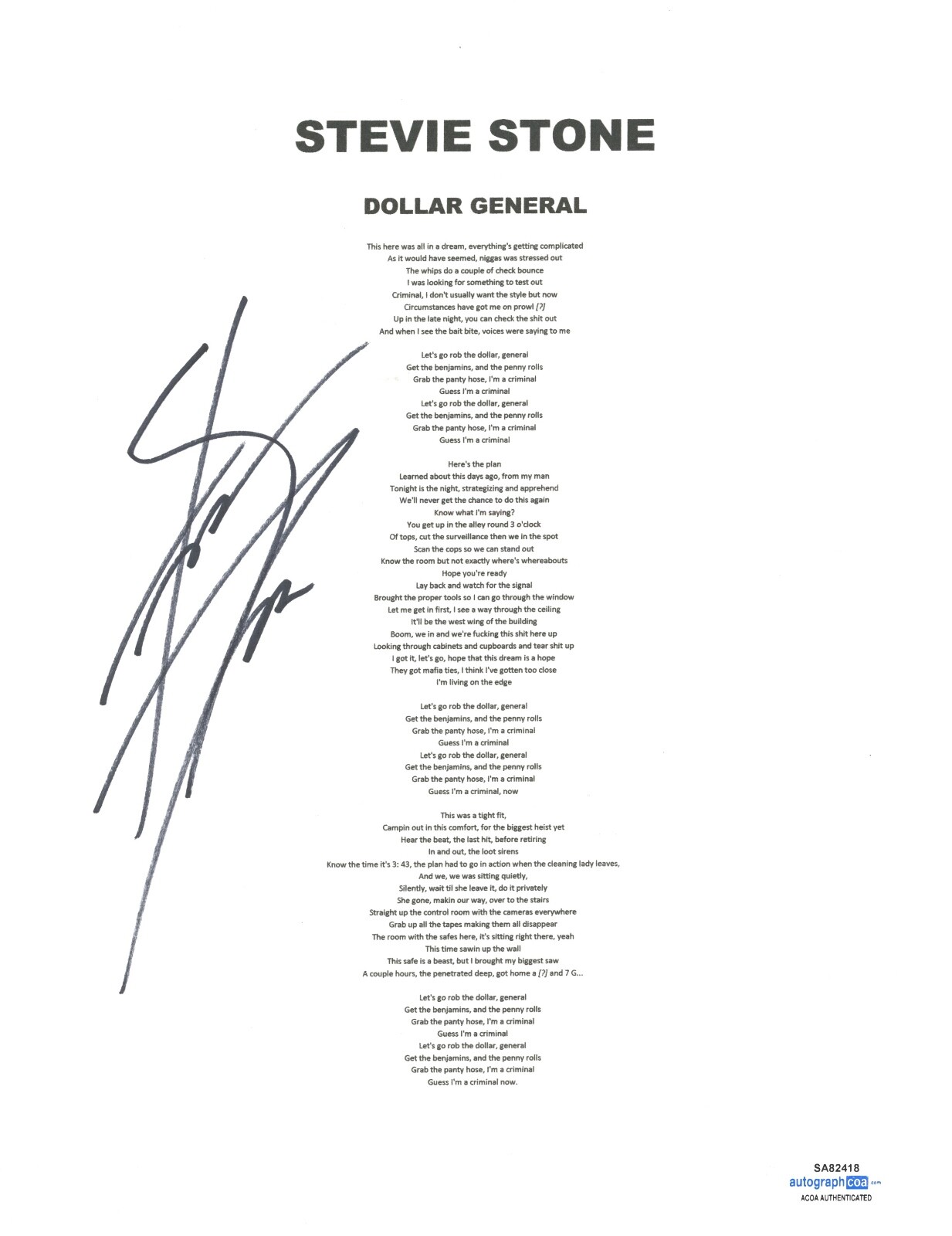 STEVIE STONE SIGNED AUTOGRAPH DOLLAR GENERAL LYRIC SHEET HIP HOP RAPPER ACOA COA COLLECTIBLE MEMORABILIA