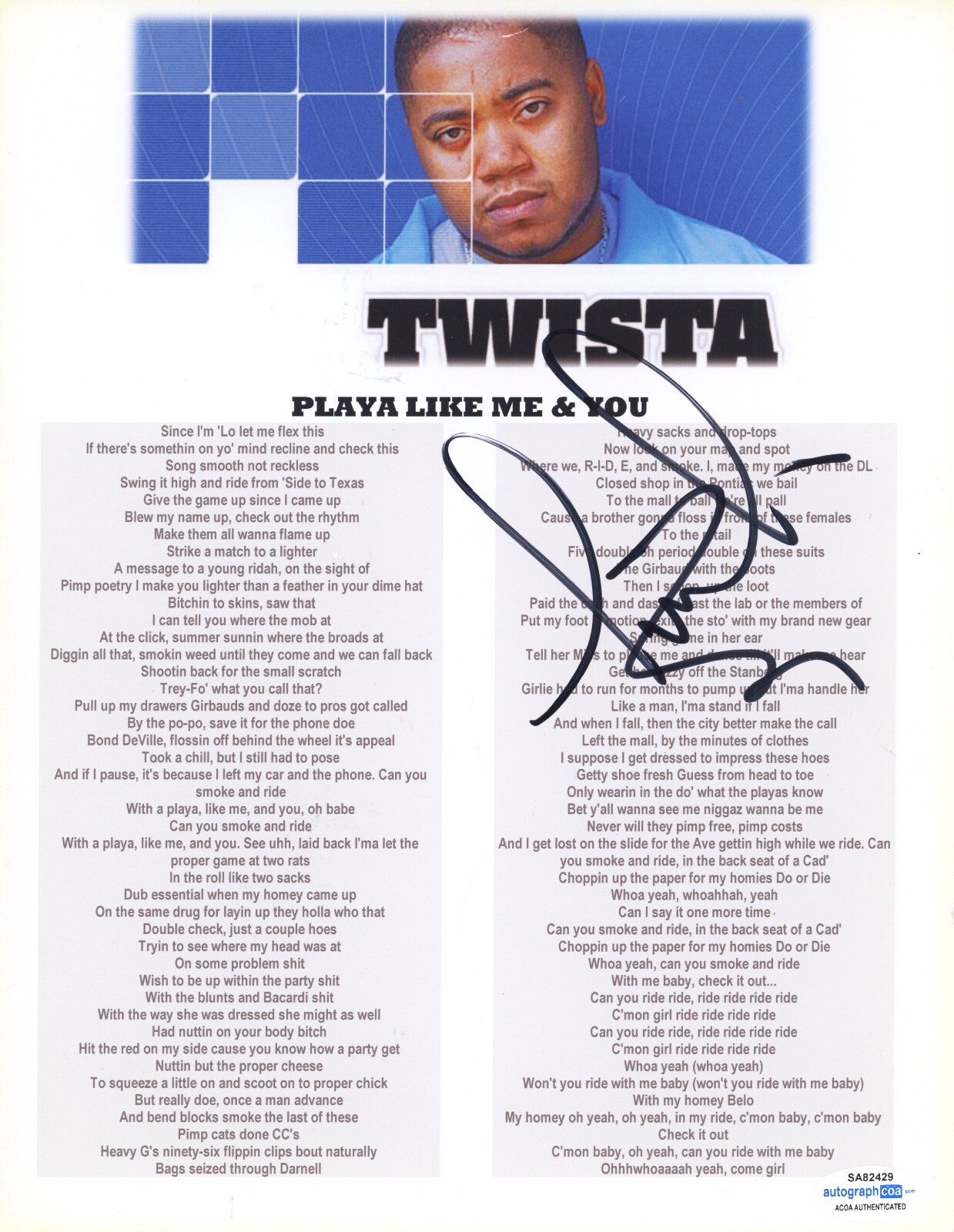 TWISTA SIGNED PLAYA LIKE ME AND YOU DO OR DIE LYRIC SHEET RAPPER ACOA COA COLLECTIBLE MEMORABILIA