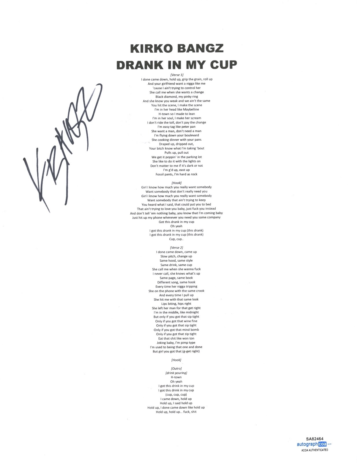 Kirko Bangz Signed Autograph Drank In My Cup Lyric Sheet Rapper Hip Hop ACOA COA