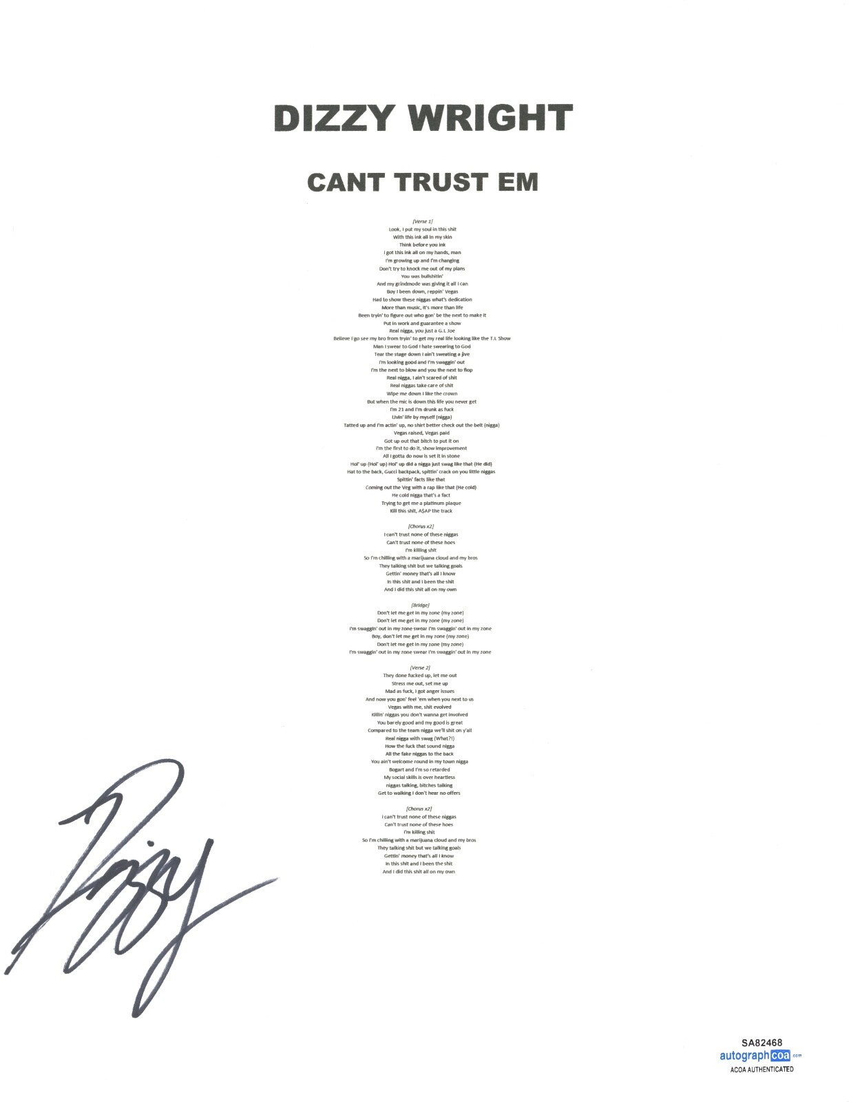 DIZZY WRIGHT SIGNED AUTOGRAPH CAN’T TRUST EM LYRIC SHEET RAPPER HIP HOP ACOA COA COLLECTIBLE MEMORABILIA