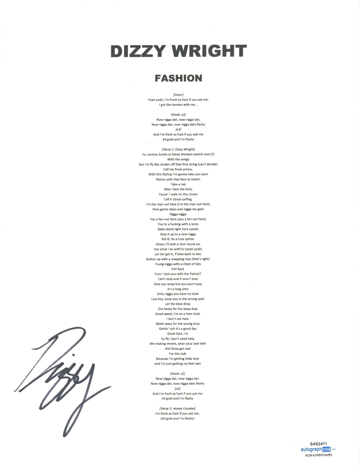Dizzy Wright Signed Autographed Fashion Lyric Sheet Rap Hip Hop Kid Ink ACOA COA