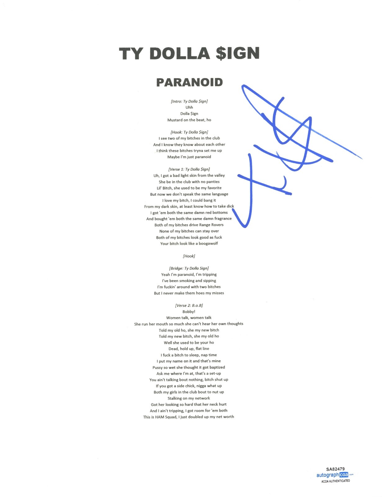 TY DOLLA SIGN $IGN SIGNED AUTOGRAPH PARANOID LYRIC SHEET RAPPER HIP HOP ACOA COA COLLECTIBLE MEMORABILIA