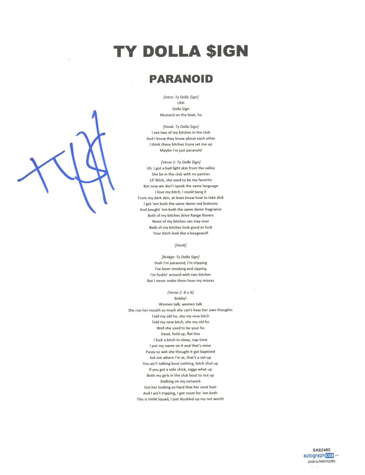 Ty Dolla Sign $ign Signed Autograph Paranoid Lyric Sheet Rapper Hip Hop ACOA COA