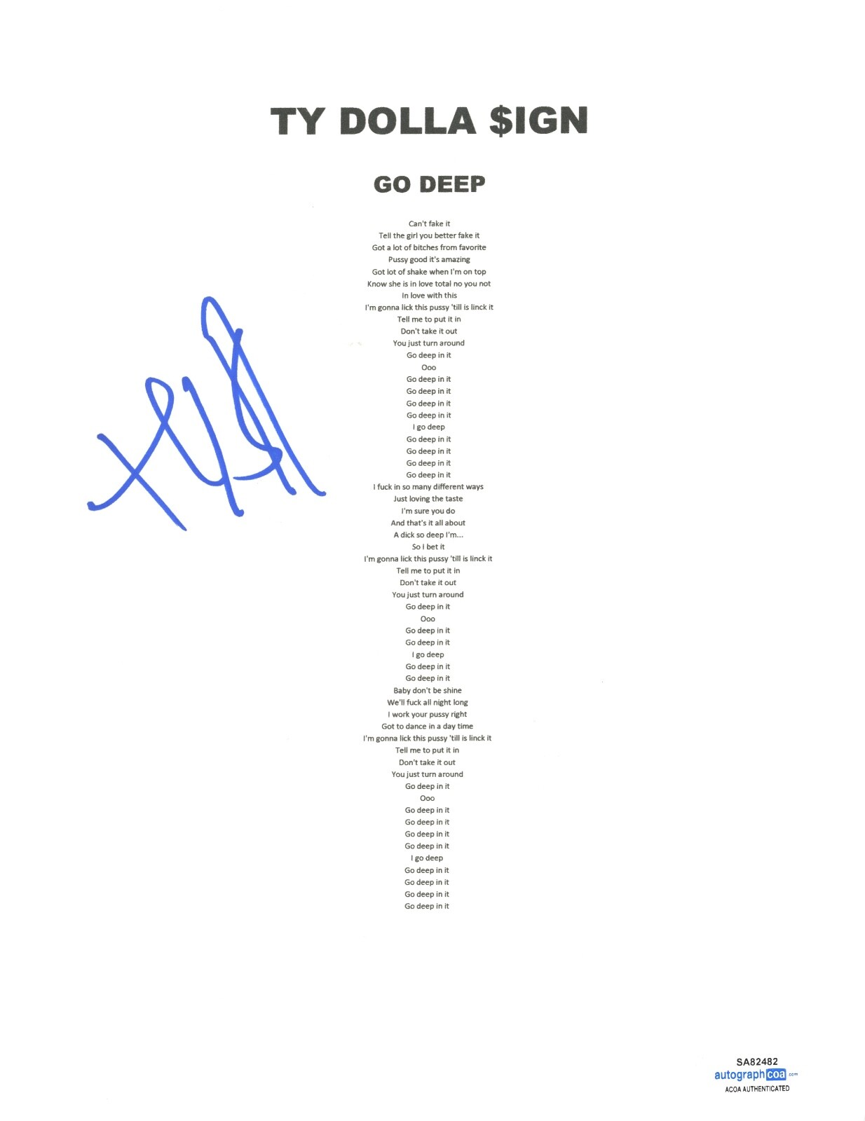 TY DOLLA SIGN $IGN AUTOGRAPH SIGNED GO DEEP LYRIC SHEET RAPPER HIP HOP ACOA COA COLLECTIBLE MEMORABILIA