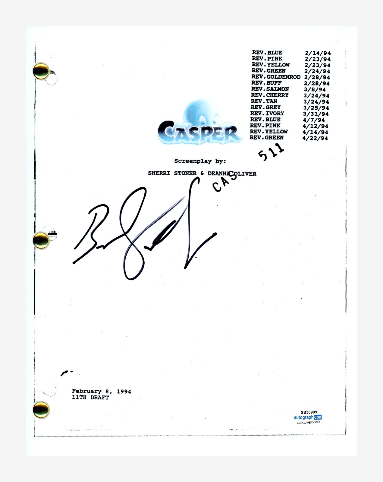 Brad Silberling Signed Autographed Casper Movie Script Full Screenplay ACOA COA