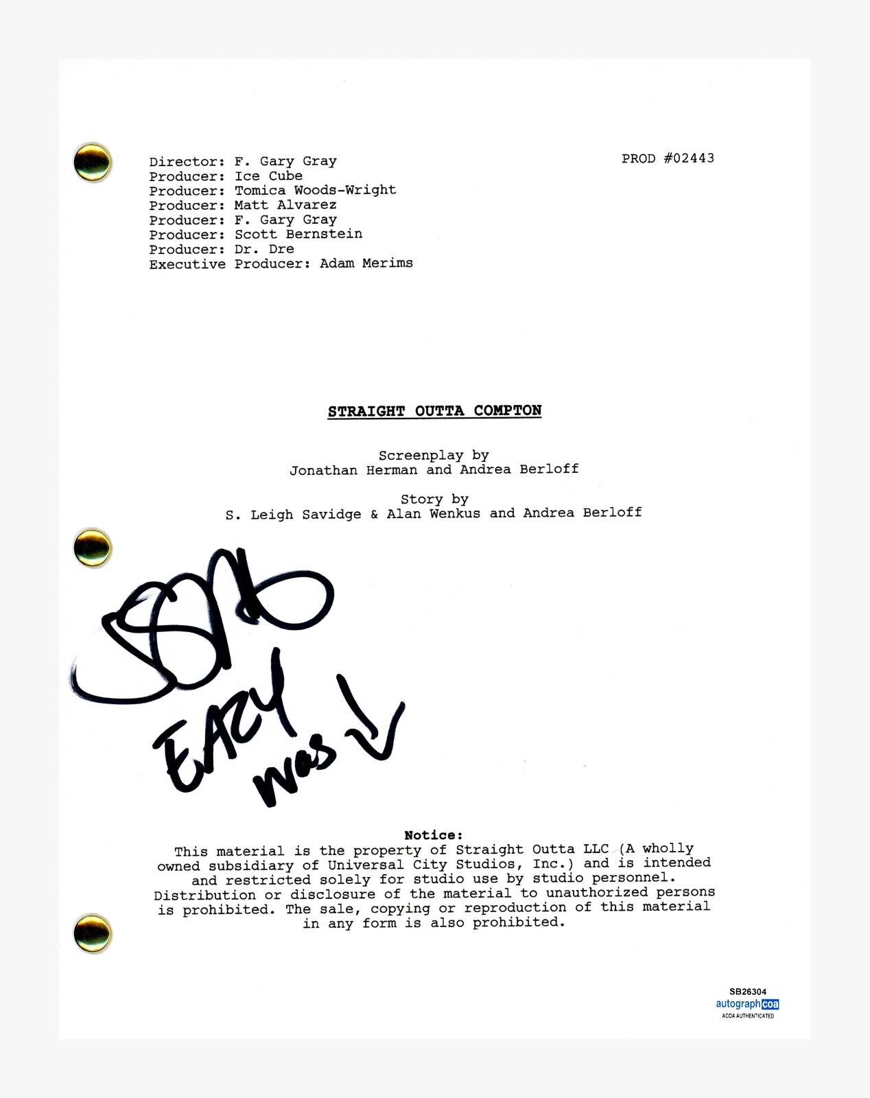 JASON MITCHELL SIGNED AUTOGRAPHED STRAIGHT OUTTA COMPTON MOVIE SCRIPT ACOA COA COLLECTIBLE MEMORABILIA