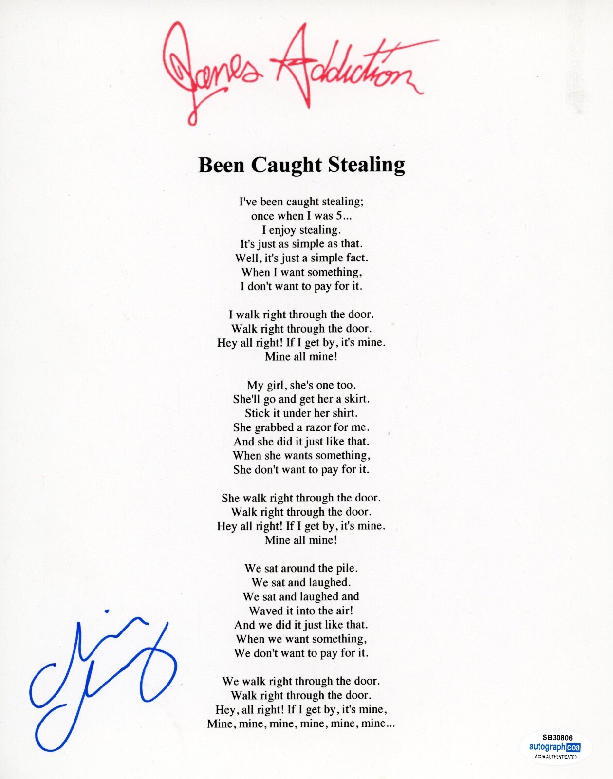 CHRIS CHANEY SIGNED JANE’S ADDICTION BEEN CAUGHT STEALING LYRIC SHEET ACOA COA COLLECTIBLE MEMORABILIA