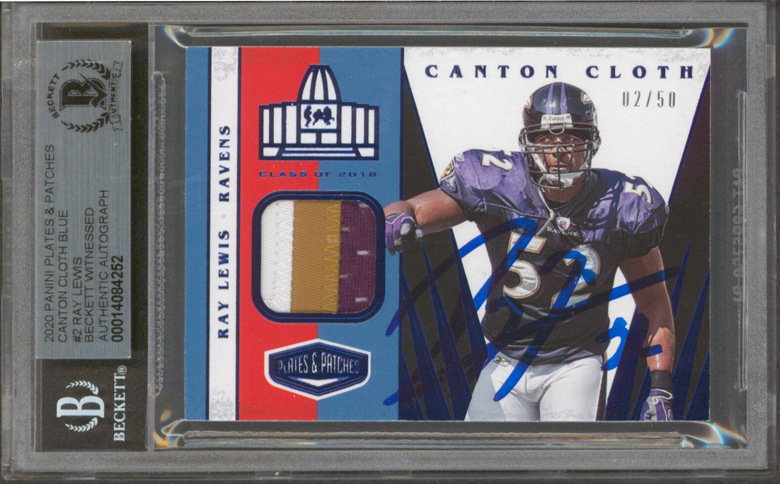 RAVENS RAY LEWIS SIGNED 2020 PANINI P&P CC BLUE #2 2/50 CARD AUTO 10! BAS SLAB COLLECTIBLE MEMORABILIA