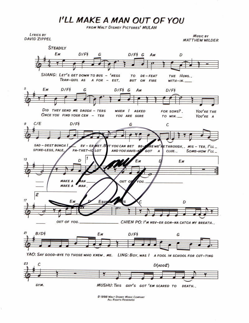 DONNY OSMOND SIGNED AUTOGRAPH I'LL MAKE A MAN OUT OF YOU SHEET MUSIC - MULAN