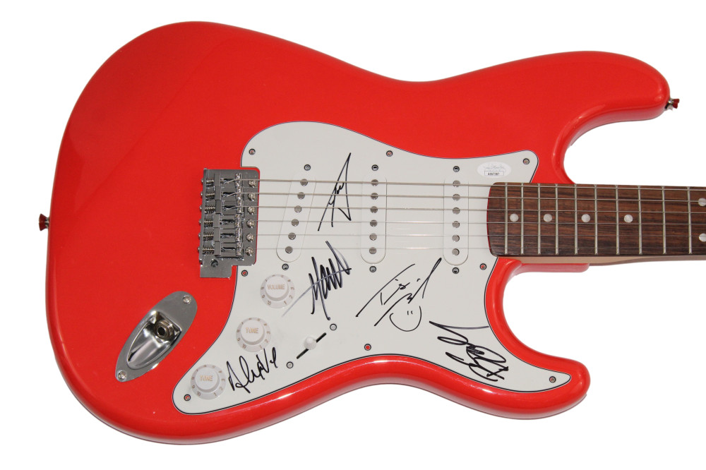 ATREYU FULL BAND X5 SIGNED AUTOGRAPH RED FENDER ELECTRIC GUITAR RARE! W/ JSA COA