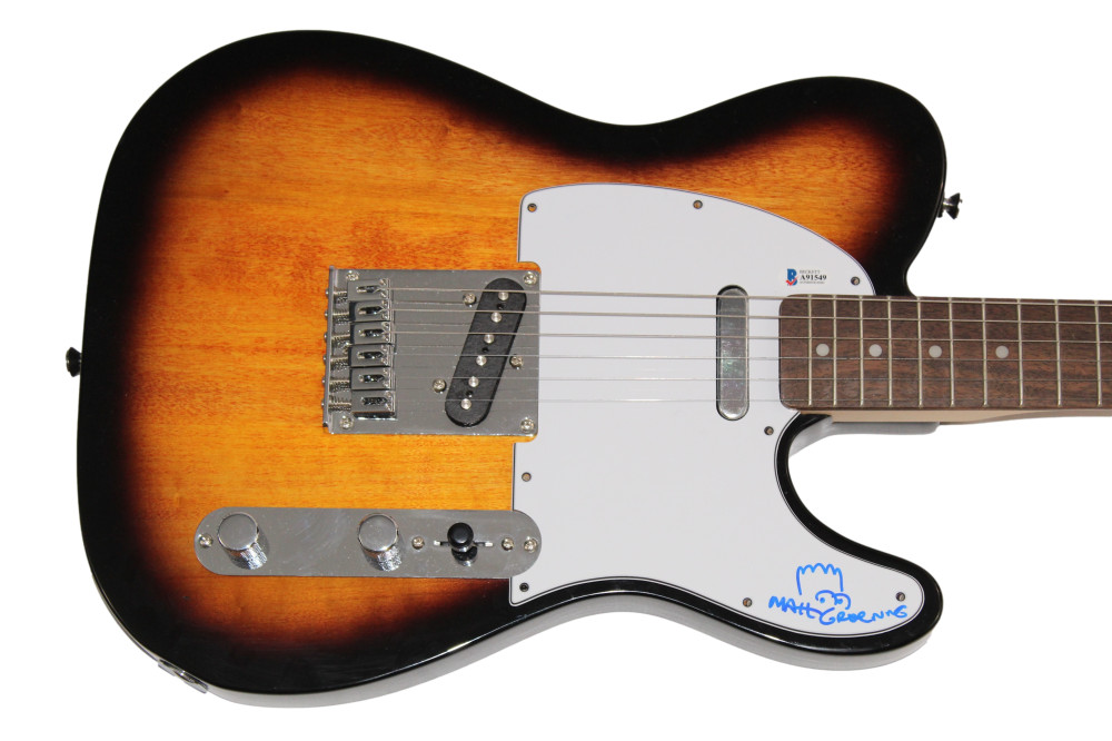 MATT GROENING SIGNED AUTOGRAPH FENDER GUITAR W/ ORIGINAL ART SKETCH SIMPSONS BAS