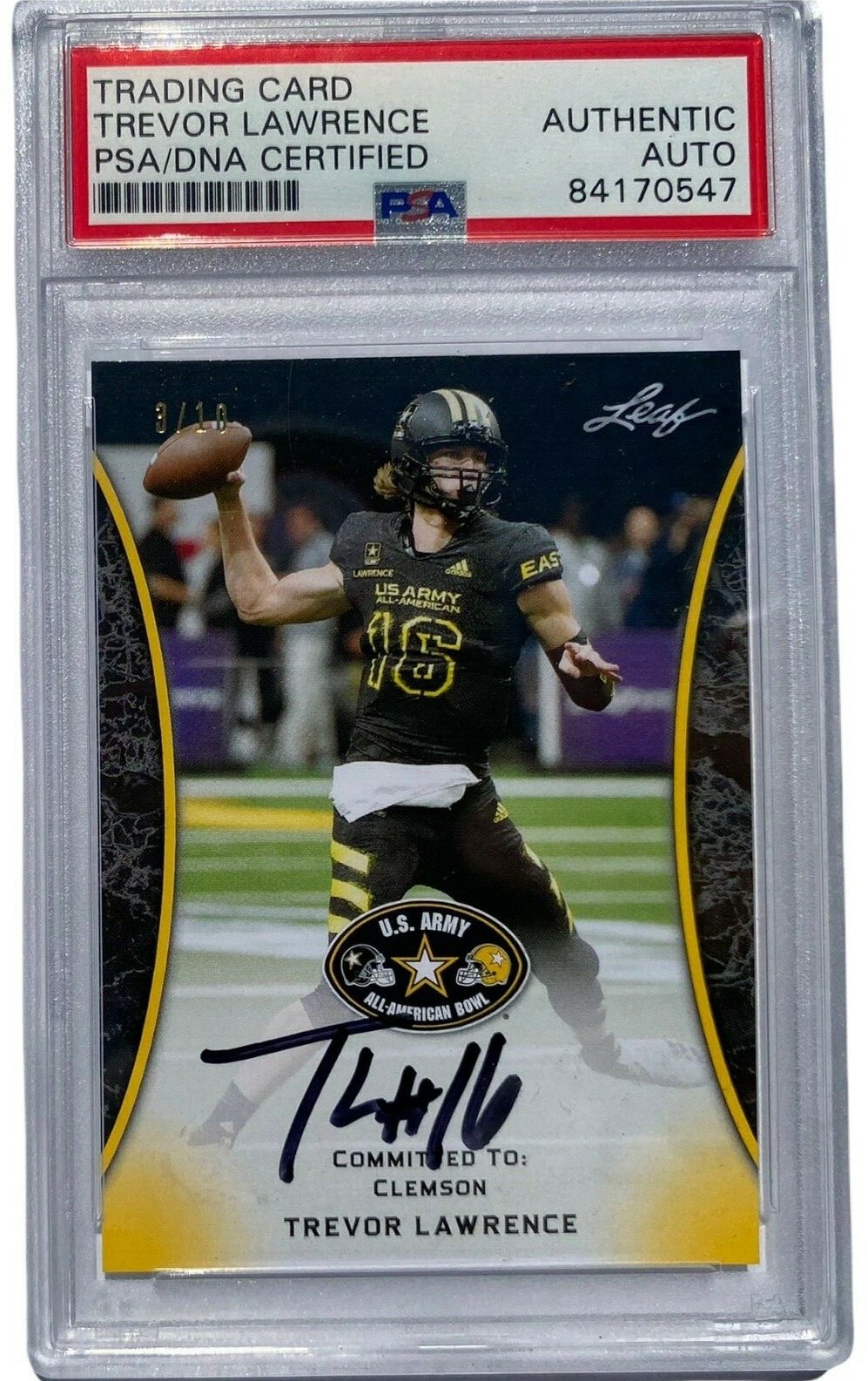 TREVOR LAWRENCE SIGNED 2018 LEAF ARMY ALL AMERICAN ROOKIE CARD AUTO 3/10 PSA/DNA