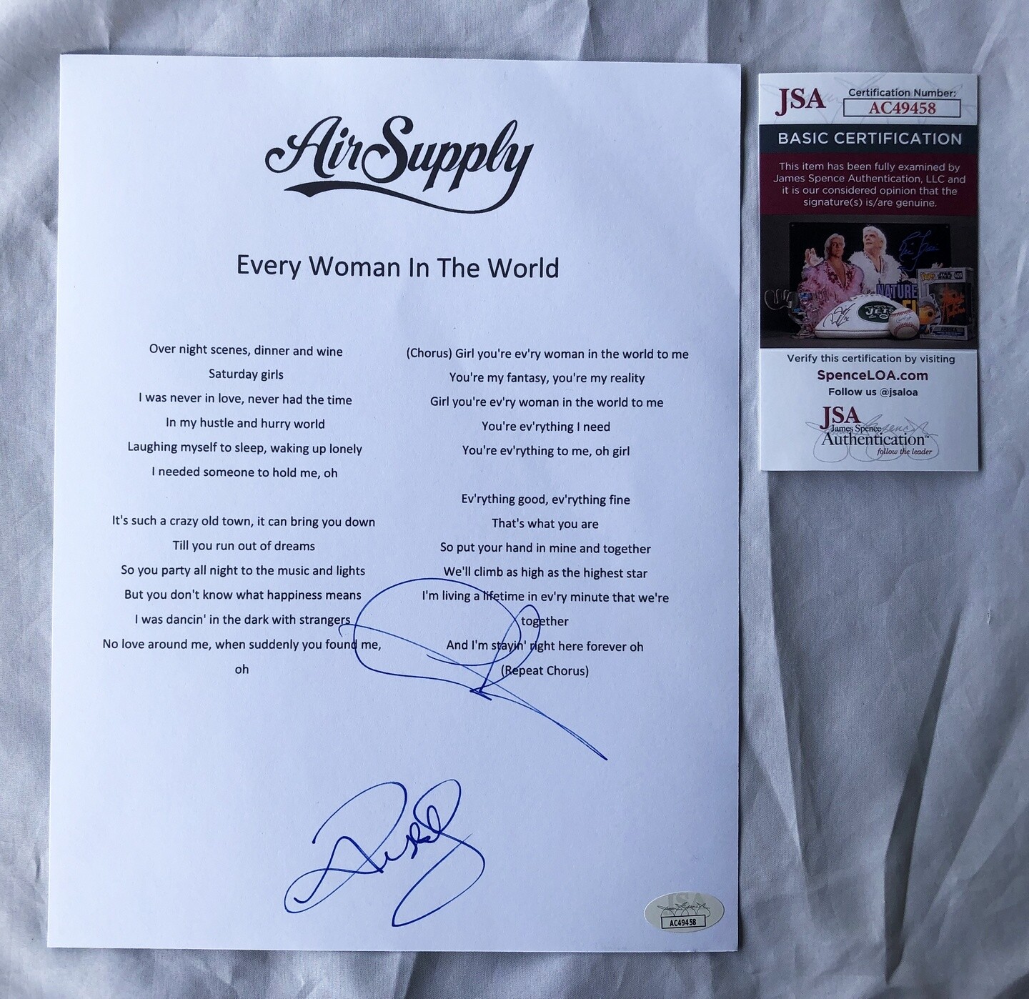 AIR SUPPLY RUSSELL HITCHCOCK AND GRAHAM RUSSELL SIGNED LYRIC SHEET JSA 1 COA COLLECTIBLE MEMORABILIA