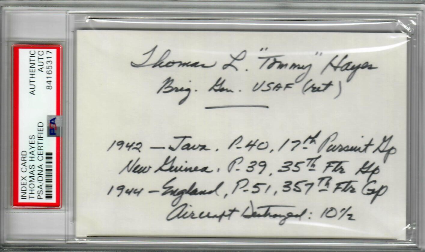 THOMAS HAYES SIGNED INDEX CARD PSA DNA 84165317 (D) WWII ACE 357th FG