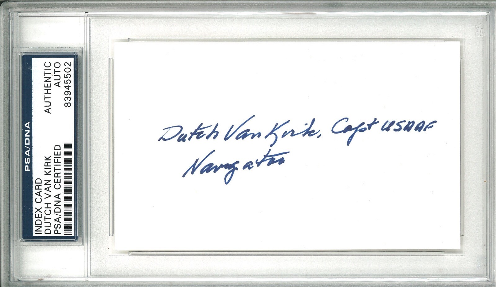 DUTCH VAN KIRK SIGNED INDEX CARD PSA DNA 83945502 ENOLA GAY (D)