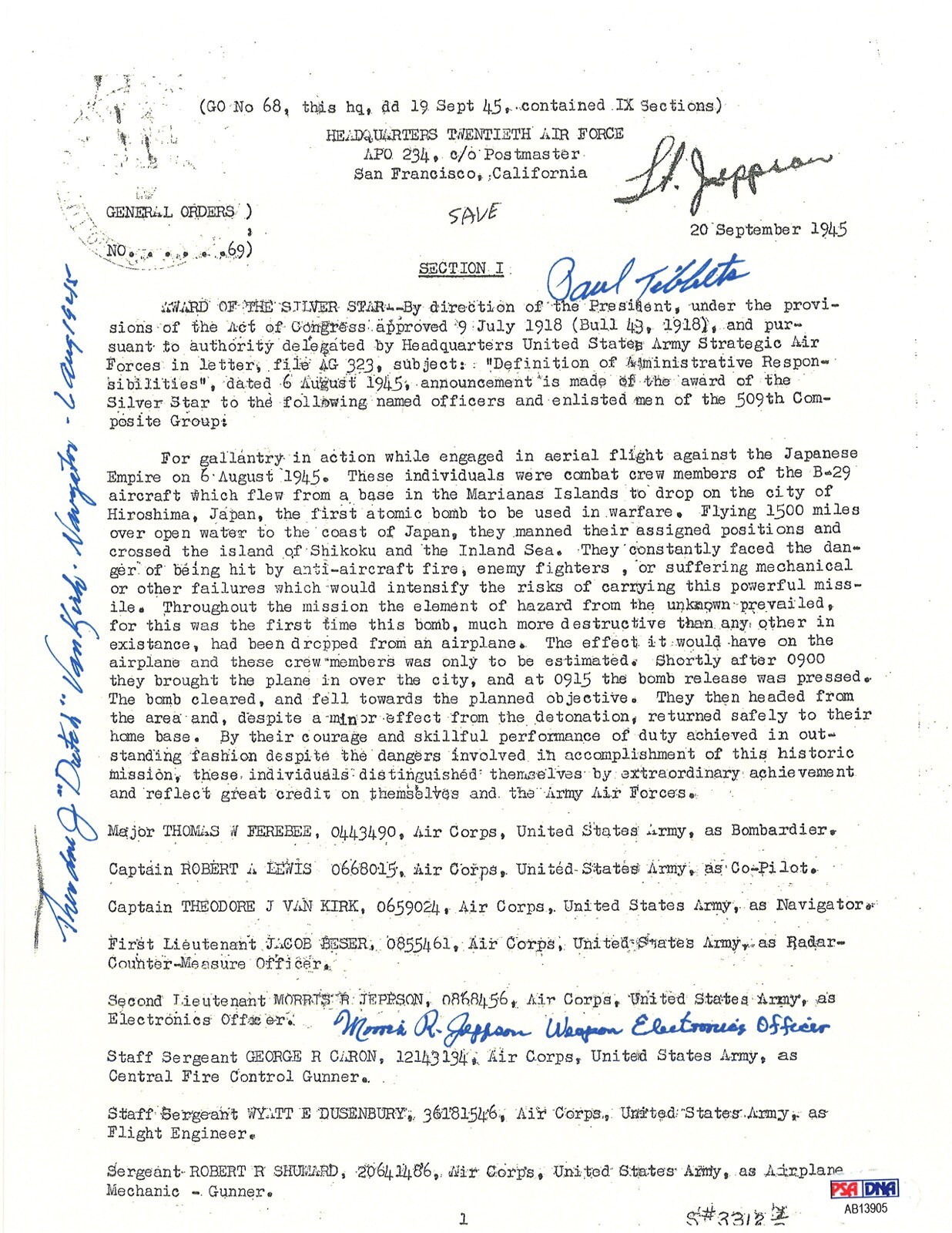 TIBBETS / VAN KIRK / JEPPSON SIGNED SILVER STAR DOCUMENT PSA DNA AB13905