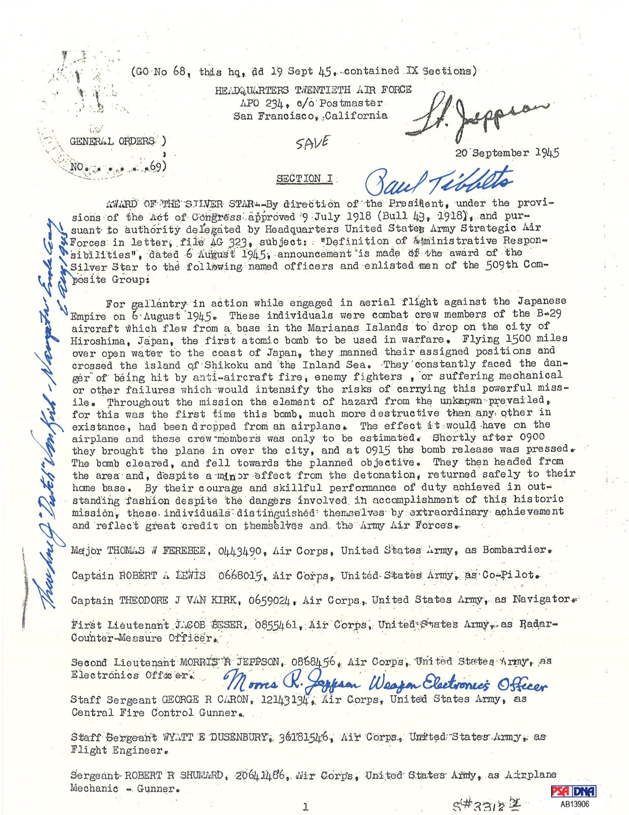 TIBBETS / VAN KIRK / JEPPSON SIGNED SILVER STAR DOCUMENT PSA DNA AB13906