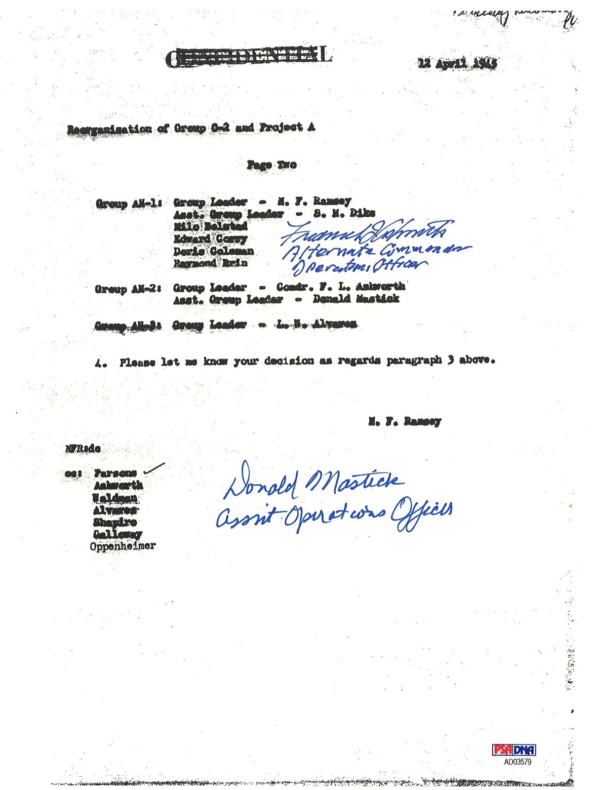 FREDERICK ASHWORTH / DON MASTICK SIGNED PROJECT ALBERTA DOCUMENT PSA DNA AD03579