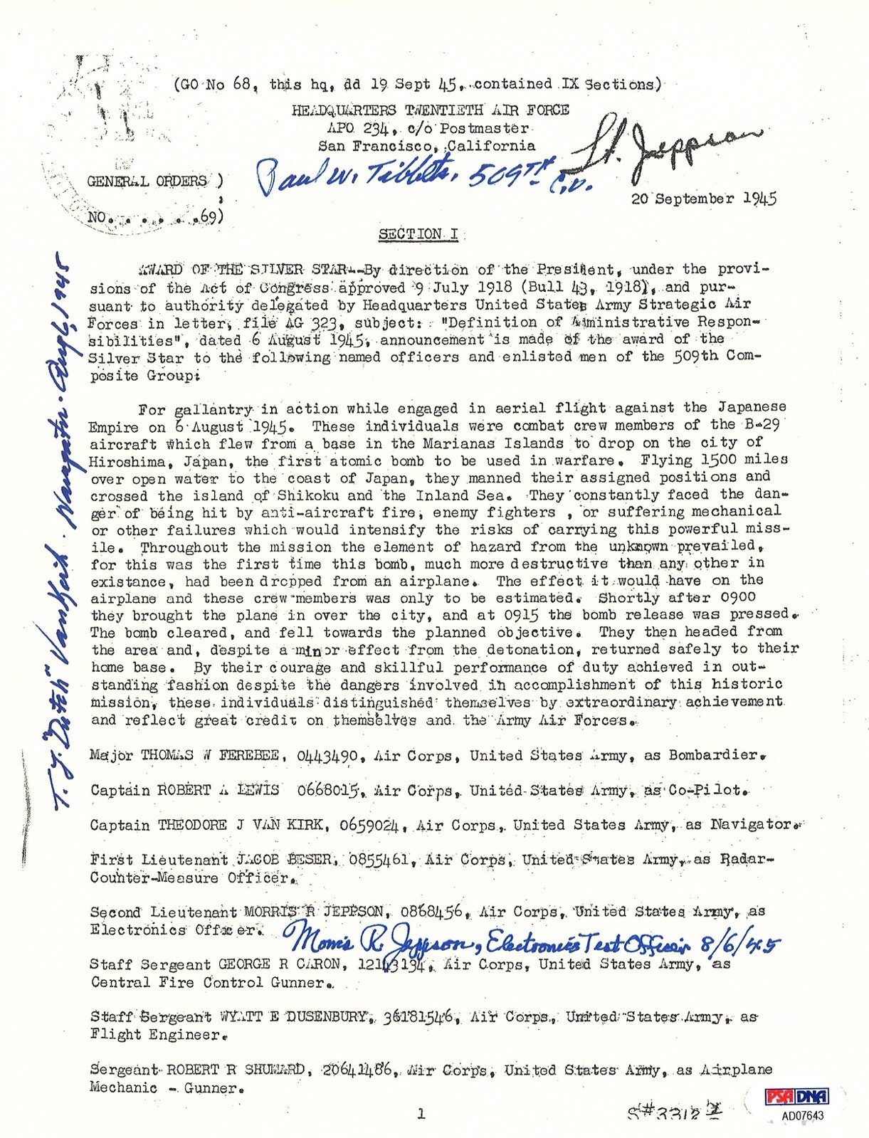TIBBETS / VAN KIRK / JEPPSON SIGNED SILVER STAR DOCUMENT PSA DNA AD07643