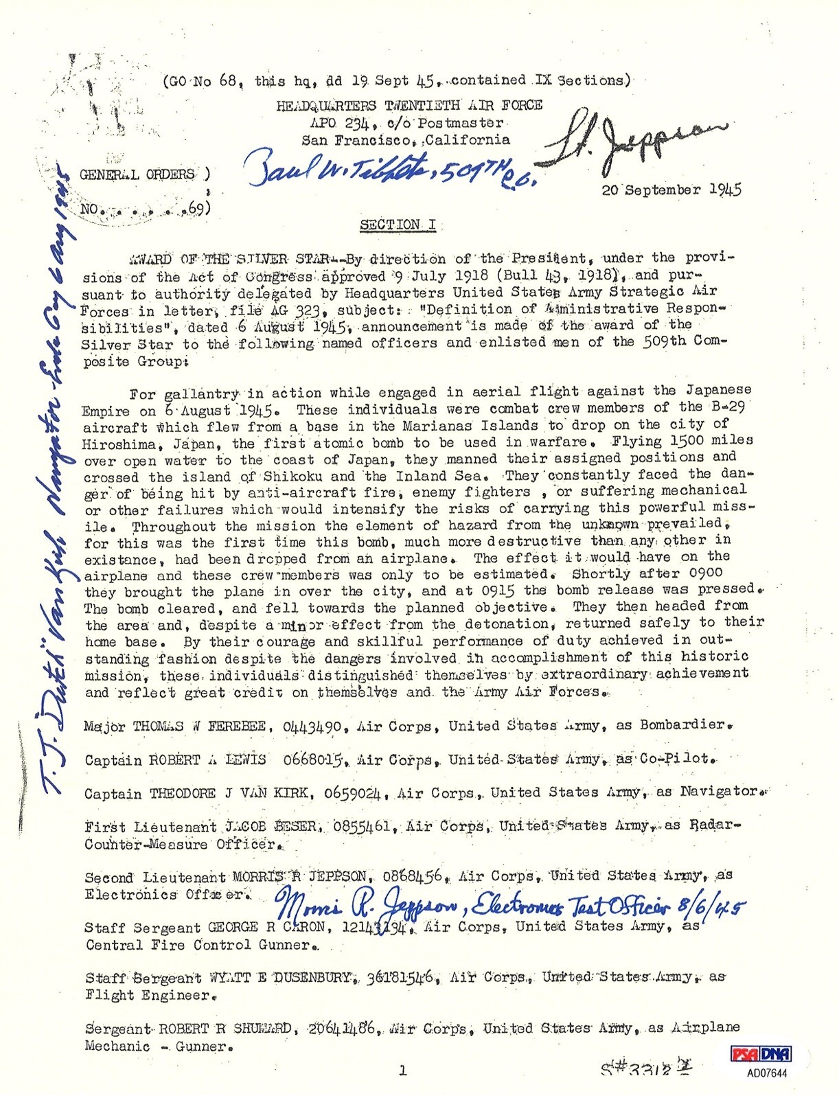 TIBBETS / VAN KIRK / JEPPSON SIGNED SILVER STAR DOCUMENT PSA DNA AD07644