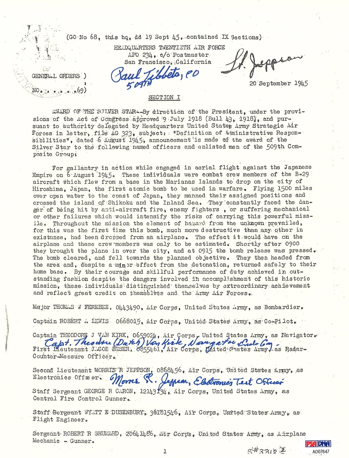 TIBBETS / VAN KIRK / JEPPSON SIGNED SILVER STAR DOCUMENT PSA DNA AD07647