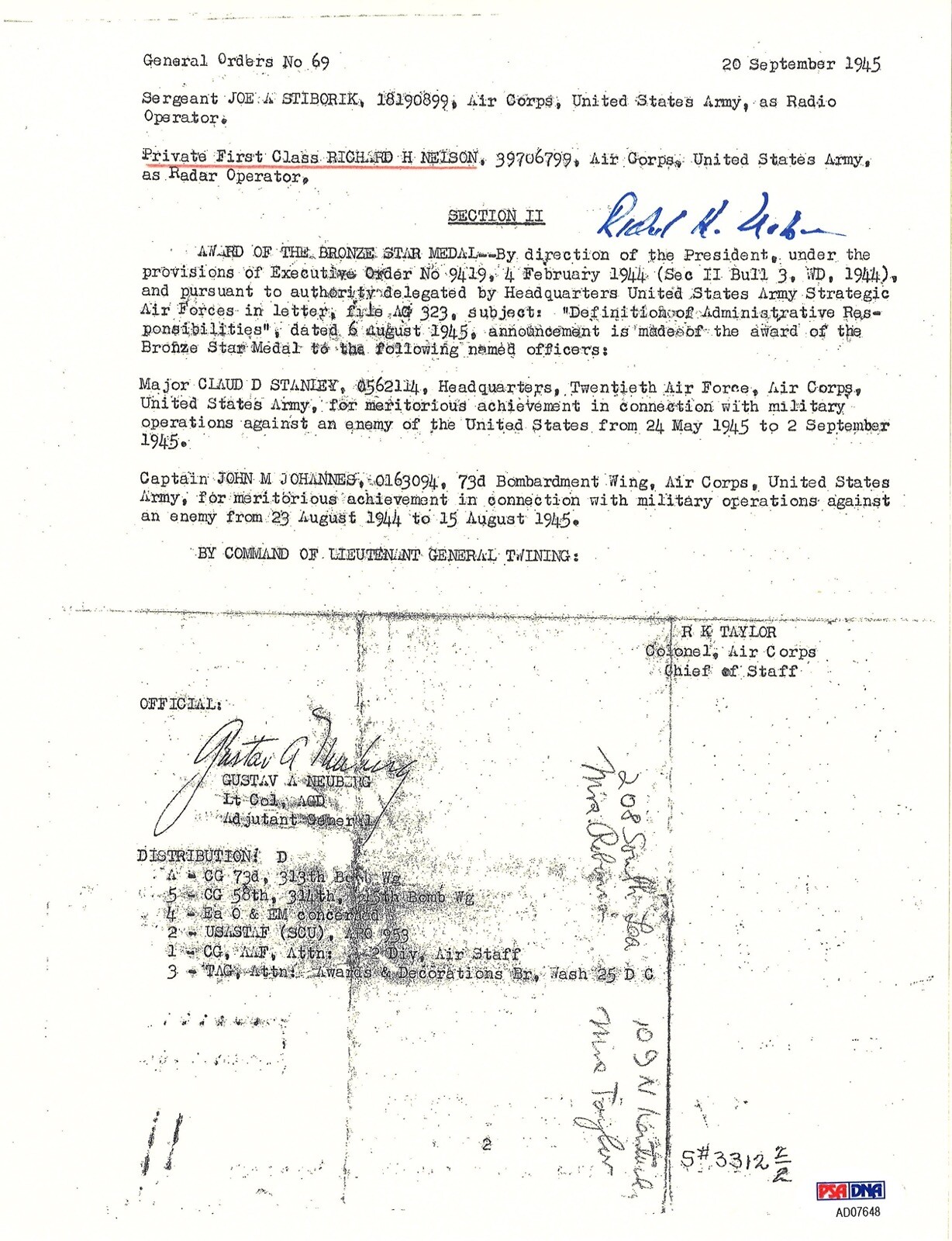 RICHARD NELSON SIGNED SILVER STAR DOCUMENT PSA DNA AD07648 (D) ENOLA GAY