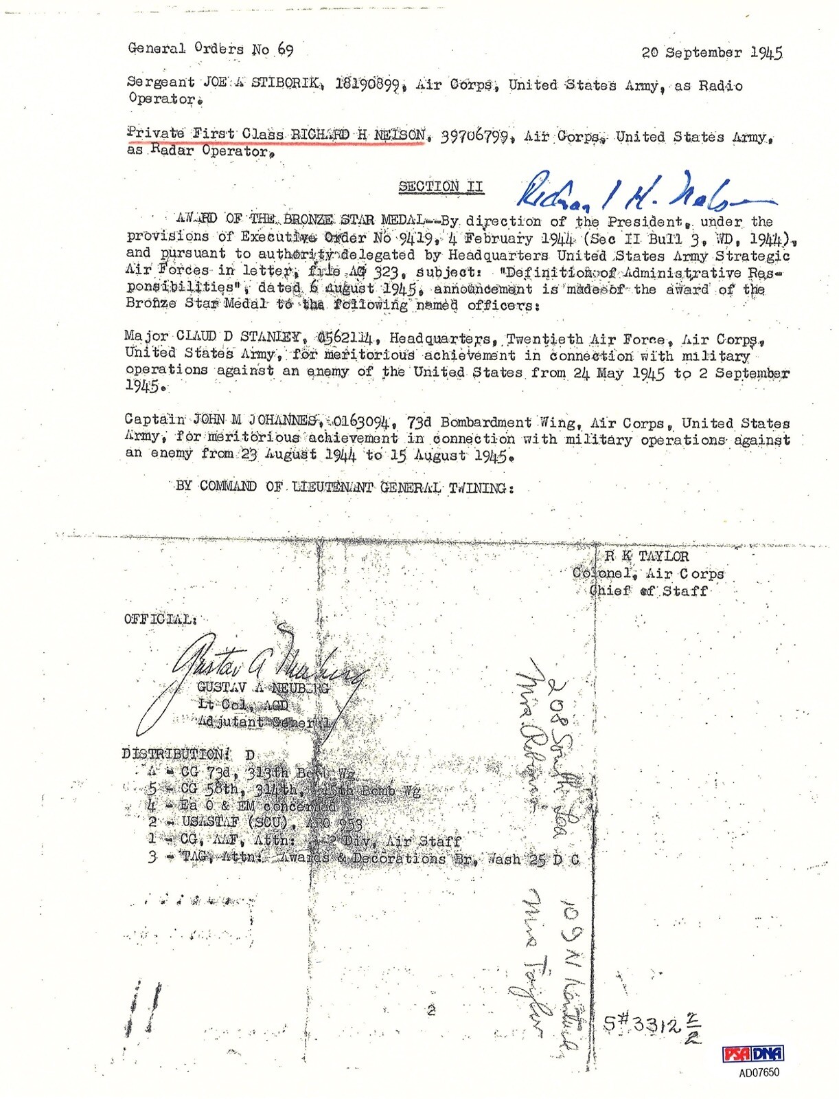 RICHARD NELSON SIGNED SILVER STAR DOCUMENT PSA DNA AD07650 (D) ENOLA GAY