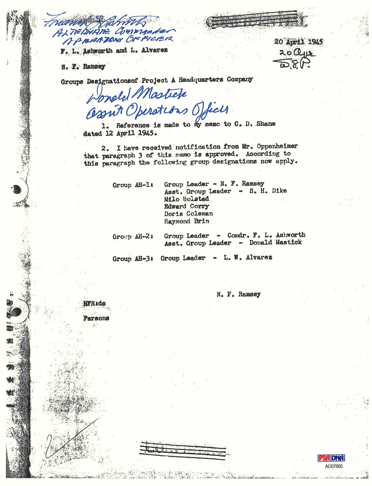 FREDERICK ASHWORTH / DON MASTICK SIGNED PROJECT ALBERTA DOCUMENT PSA DNA AD07666