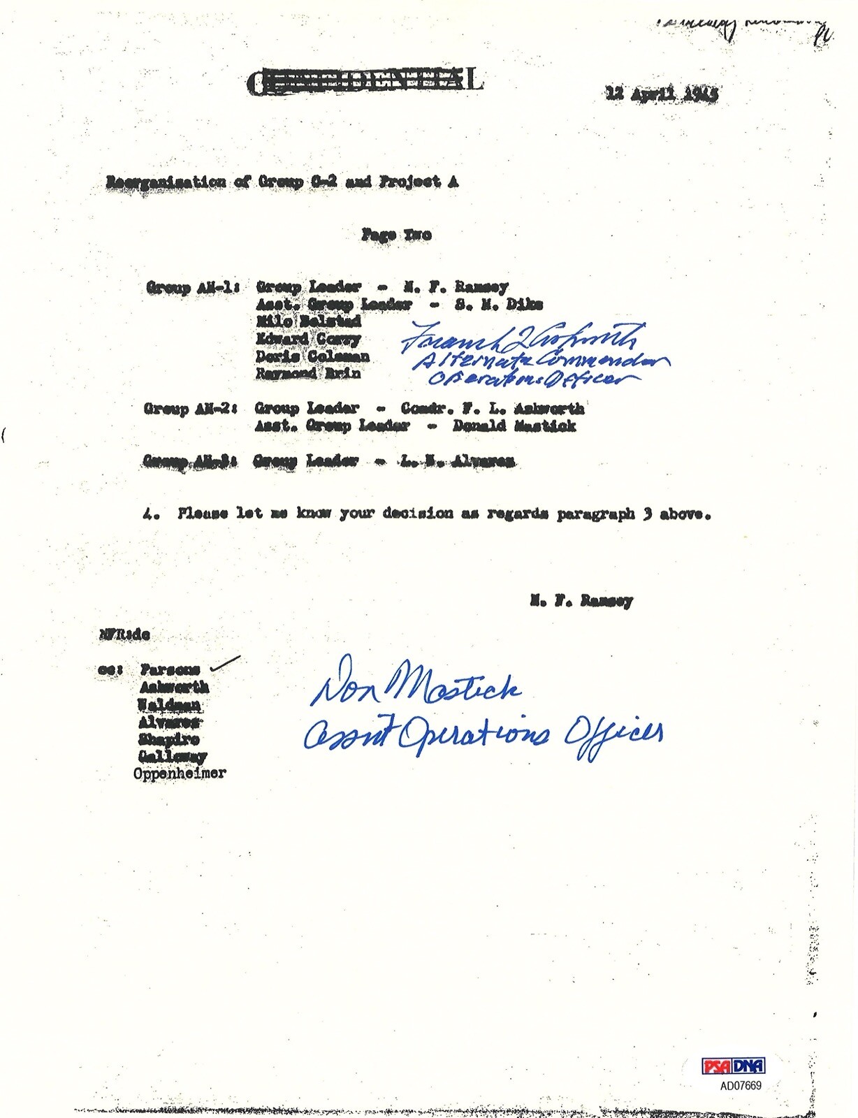 FREDERICK ASHWORTH / DON MASTICK SIGNED PROJECT ALBERTA DOCUMENT PSA DNA AD07669