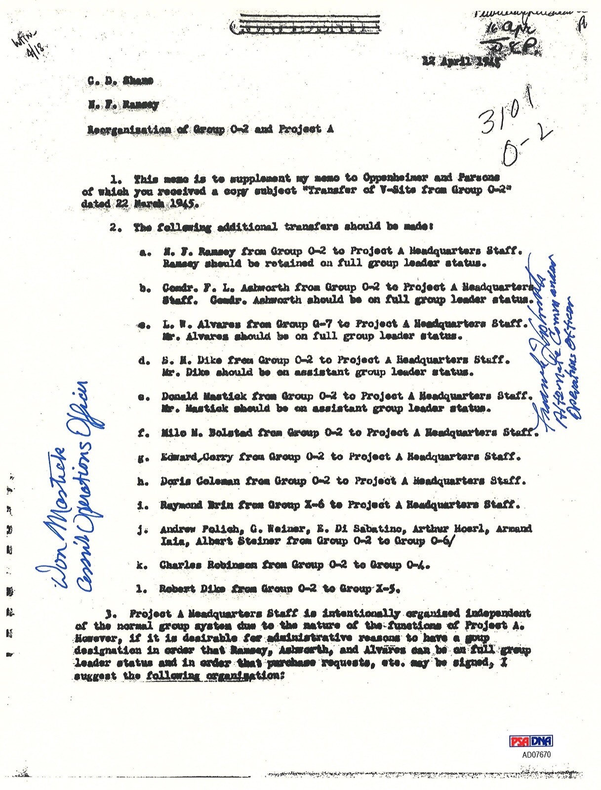 FREDERICK ASHWORTH / DON MASTICK SIGNED PROJECT ALBERTA DOCUMENT PSA DNA AD07670