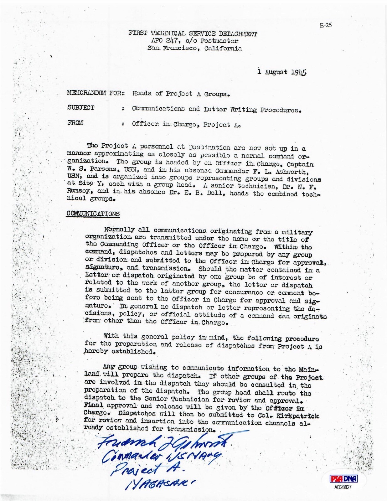 FREDERICK ASHWORTH SIGNED DOCUMENT PSA DNA AD28827 PROJECT ALBERTA ATOMIC BOMB