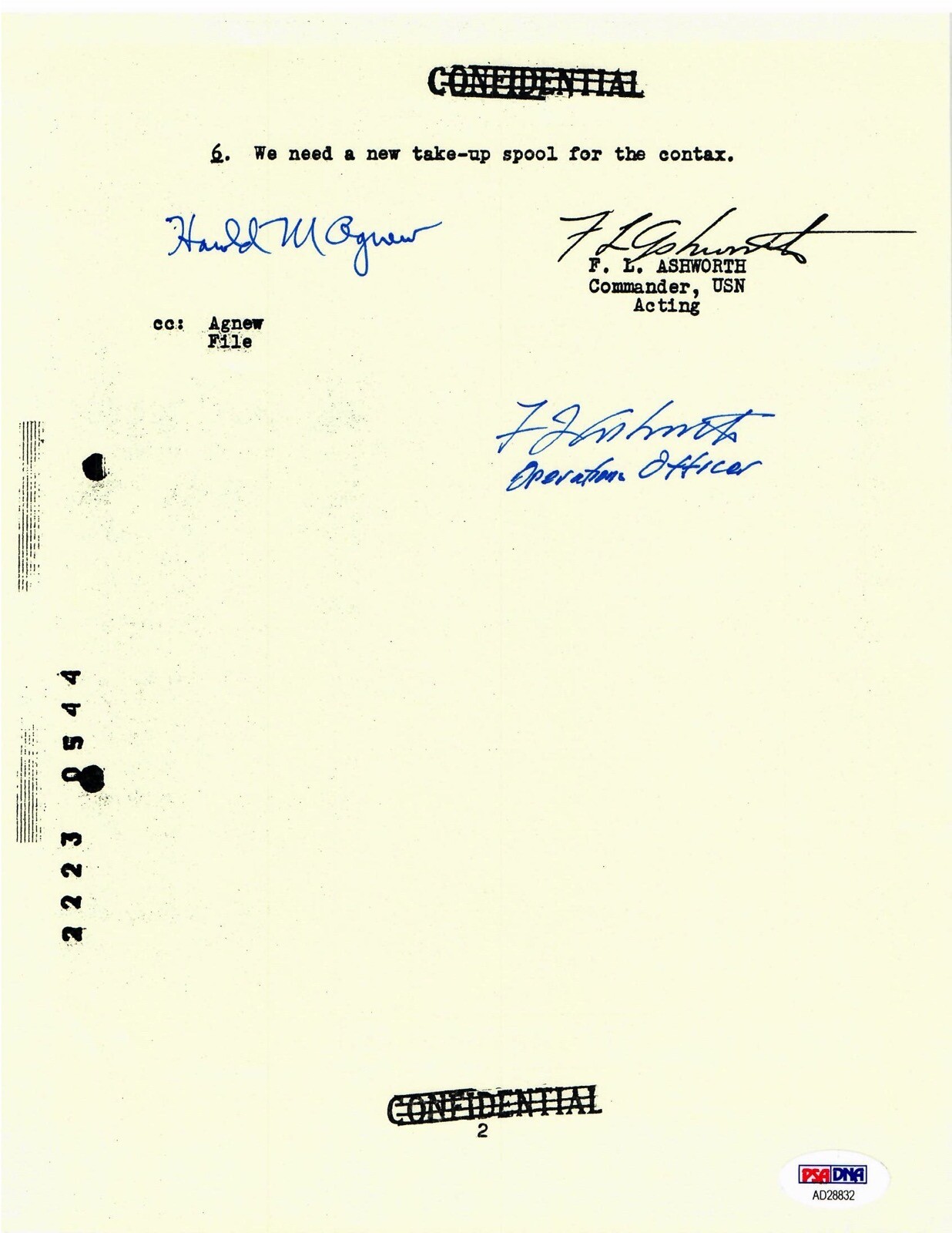 FREDERICK ASHWORTH HAROLD AGNEW SIGNED DOCUMENT PSA DNA AD28832 PROJECT ALBERTA