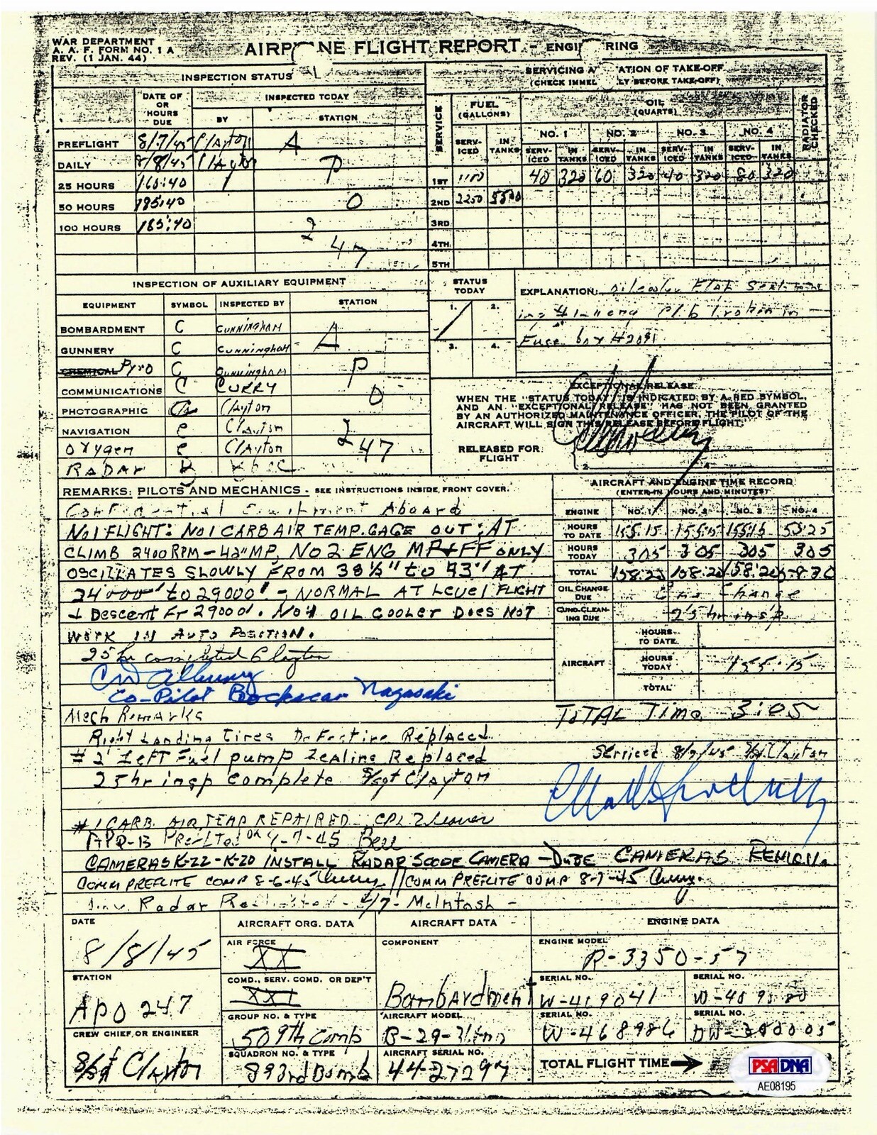 SWEENEY ALBURY SIGNED FLIGHT DOCUMENT PSA DNA AE08195 (D) BOCKSCAR NAGASAKI