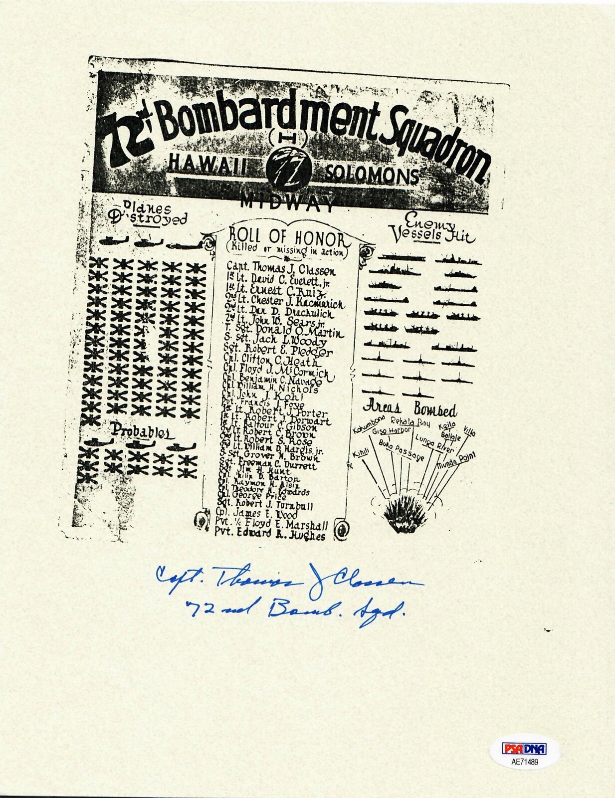 THOMAS CLASSEN SIGNED ROLL OF HONOR DOCUMENT PSA DNA AE71489 (D) WWII 72ND BS