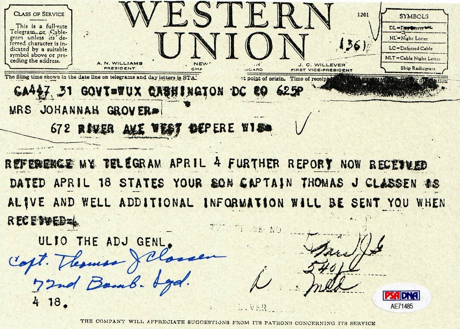 THOMAS CLASSEN SIGNED WESTERN UNION DOCUMENT PSA DNA AE71485 (D) WWII 72ND BS