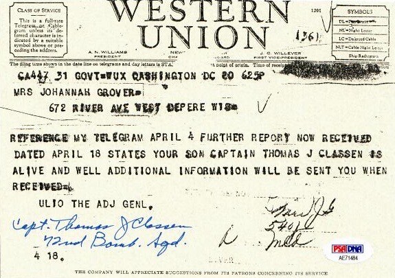 THOMAS CLASSEN SIGNED WESTERN UNION DOCUMENT PSA DNA AE71484 (D) WWII 72ND BS