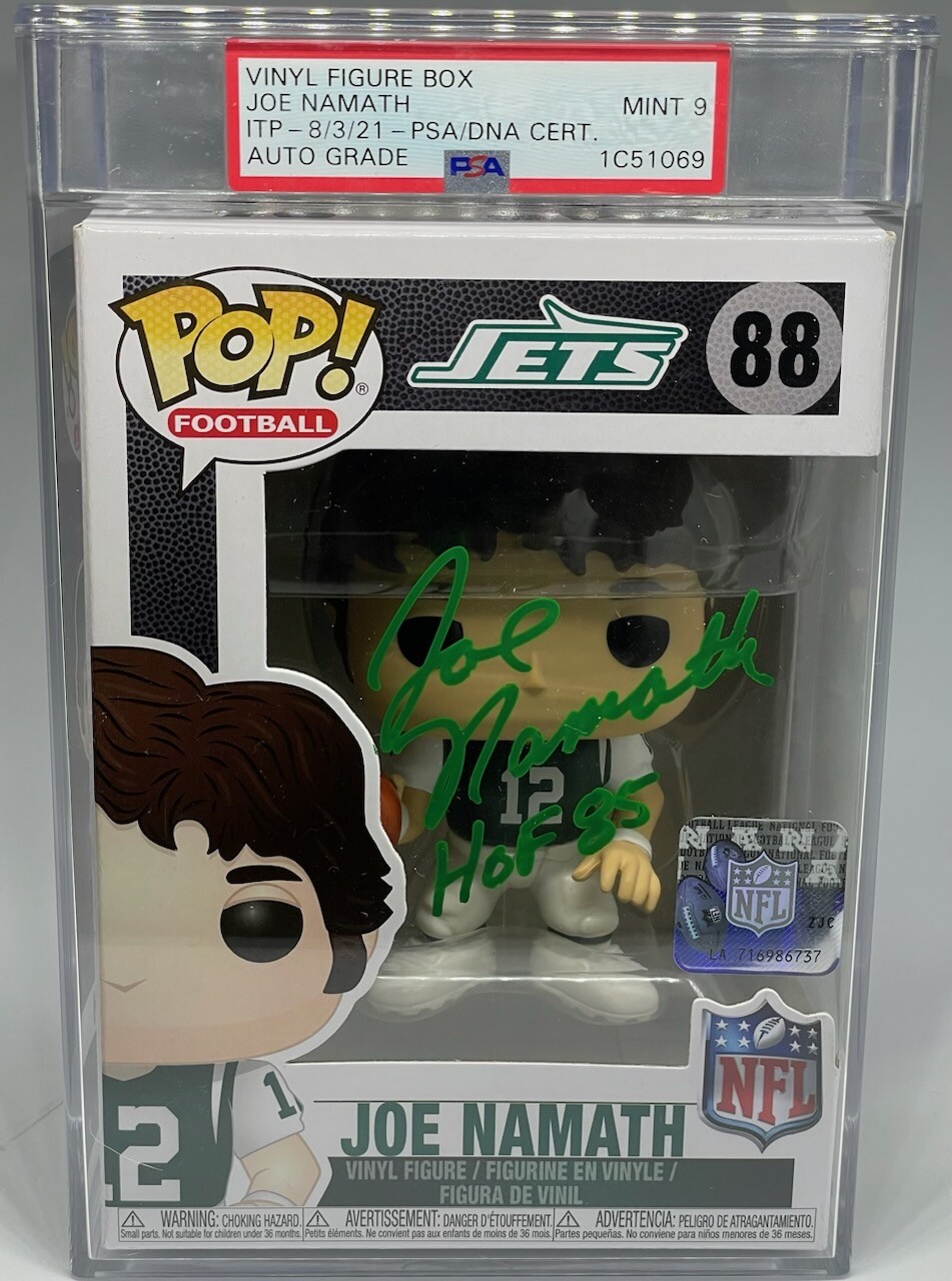 JOE NAMATH SIGNED NEW YORK JETS FUNKO POP PSA DNA IC51069 GREEN INK PSA 9 HOF 85
