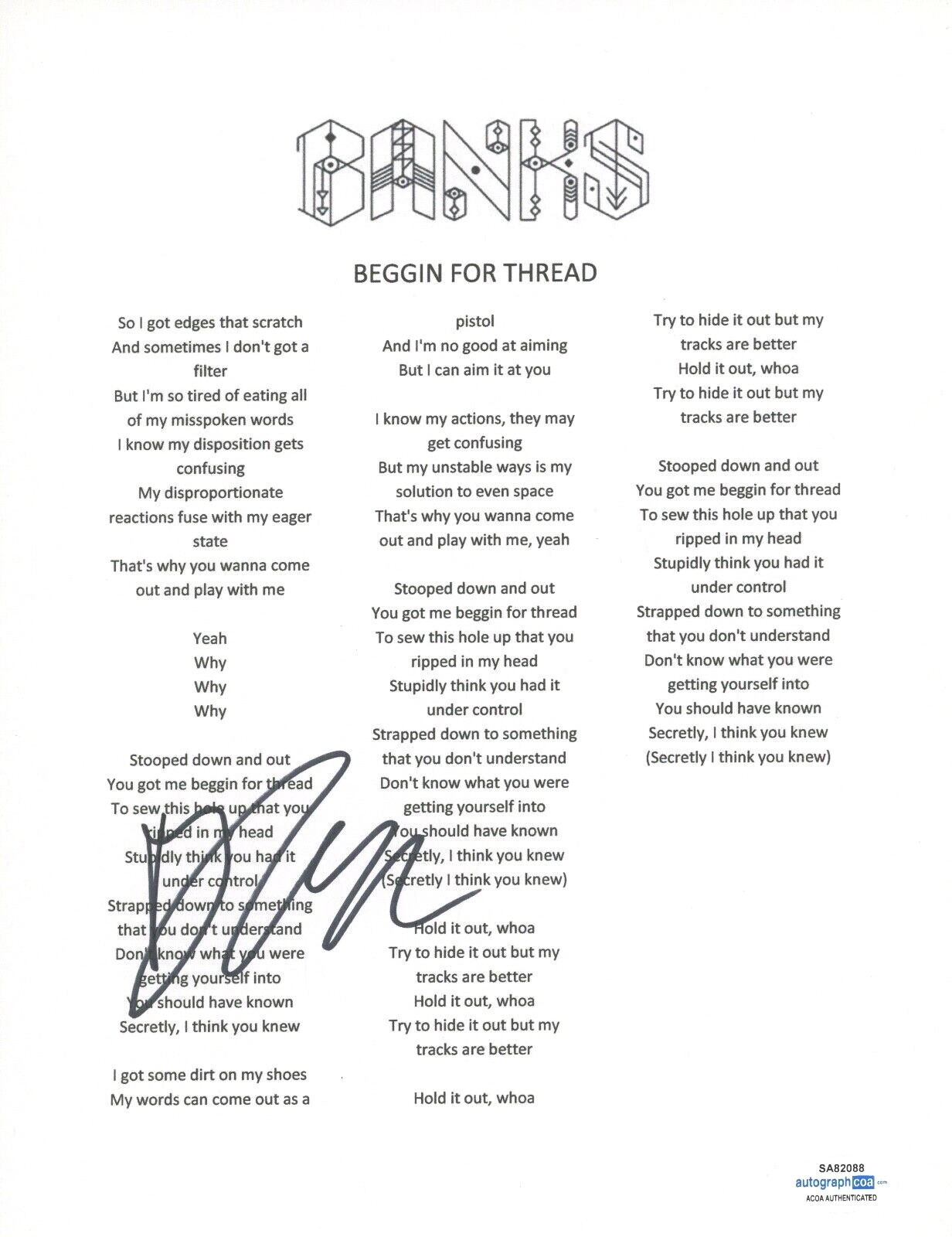 BANKS JILLIAN SIGNED AUTOGRAPHED BEGGIN FOR THREAD SONG LYRIC SHEET ACOA COA COLLECTIBLE MEMORABILIA