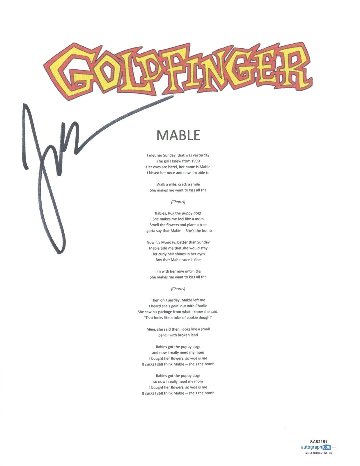 John Feldmann Signed Autographed Goldfinger Mable Song Lyric Sheet ACOA COA
